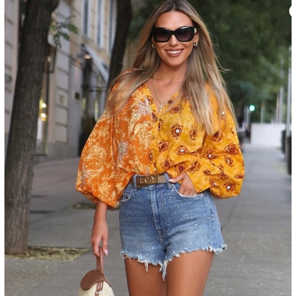 Zara Tops - ZARA Mustard Embroidered Printed Button Down Blouse